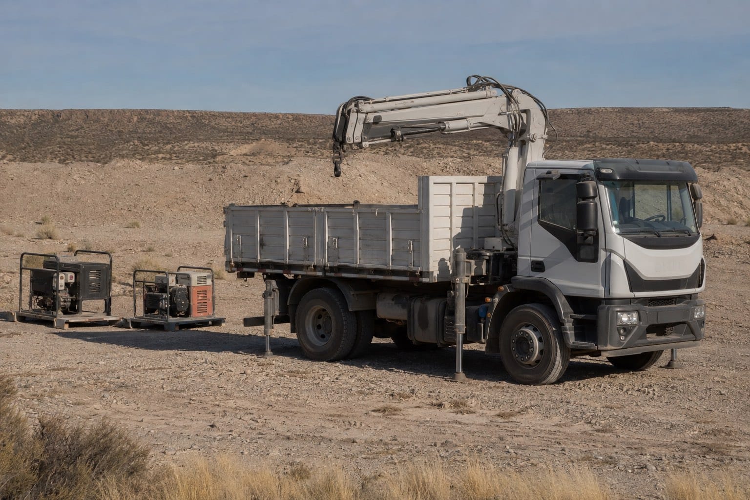 Camión con hidrogrúa estacionado en una playa de ripio de la meseta, con el brazo plegado y los estabilizadores apoyados; a su lado, dos grupos electrógenos portátiles sobre patines.